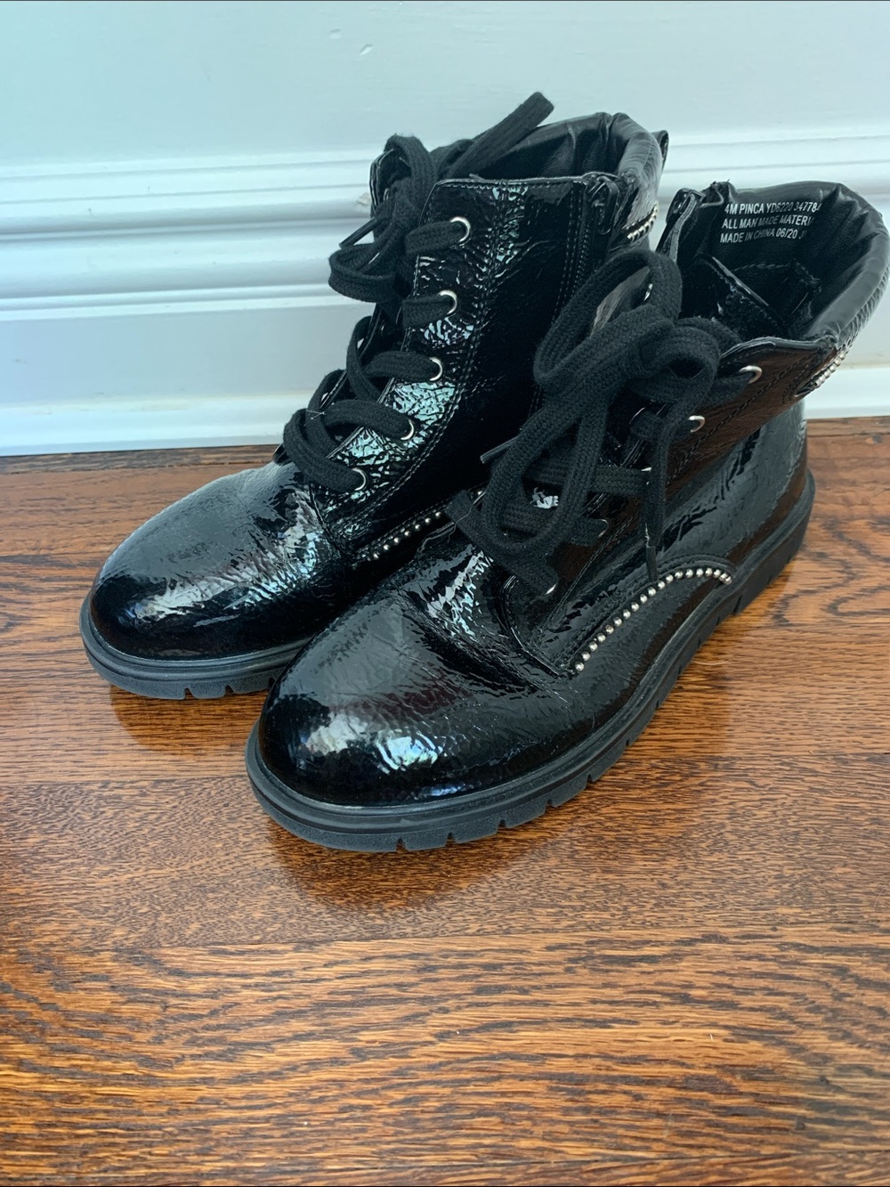 Sugar Black Patent Combat Boots with Silver Stud Accents